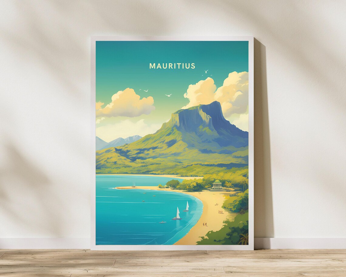 Mauritius Island Beach Sailboats Mountain Coast Vintage Travel Poster