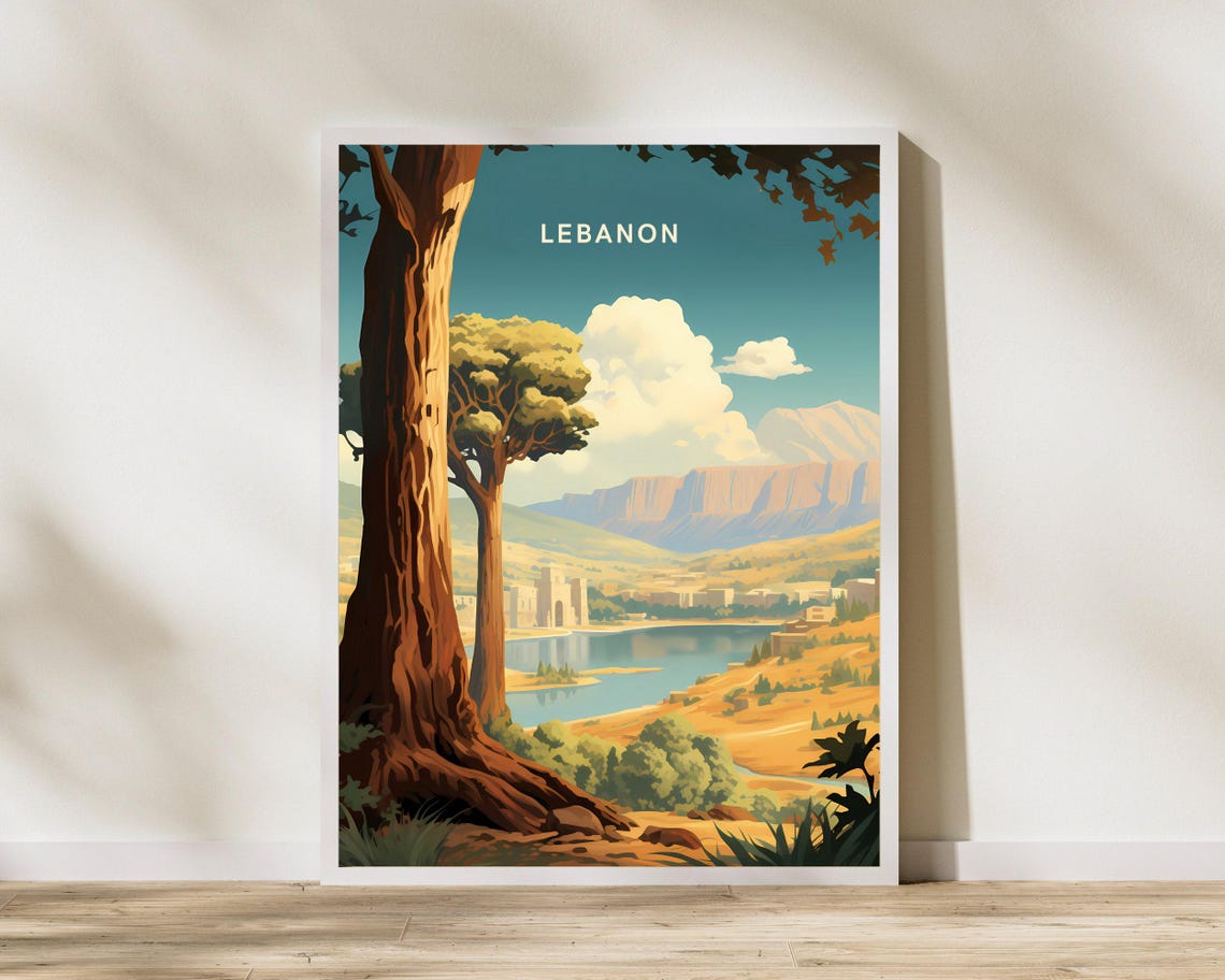 Lebanon Cedar Trees Mountain Valley Lake View Vintage Travel Poster