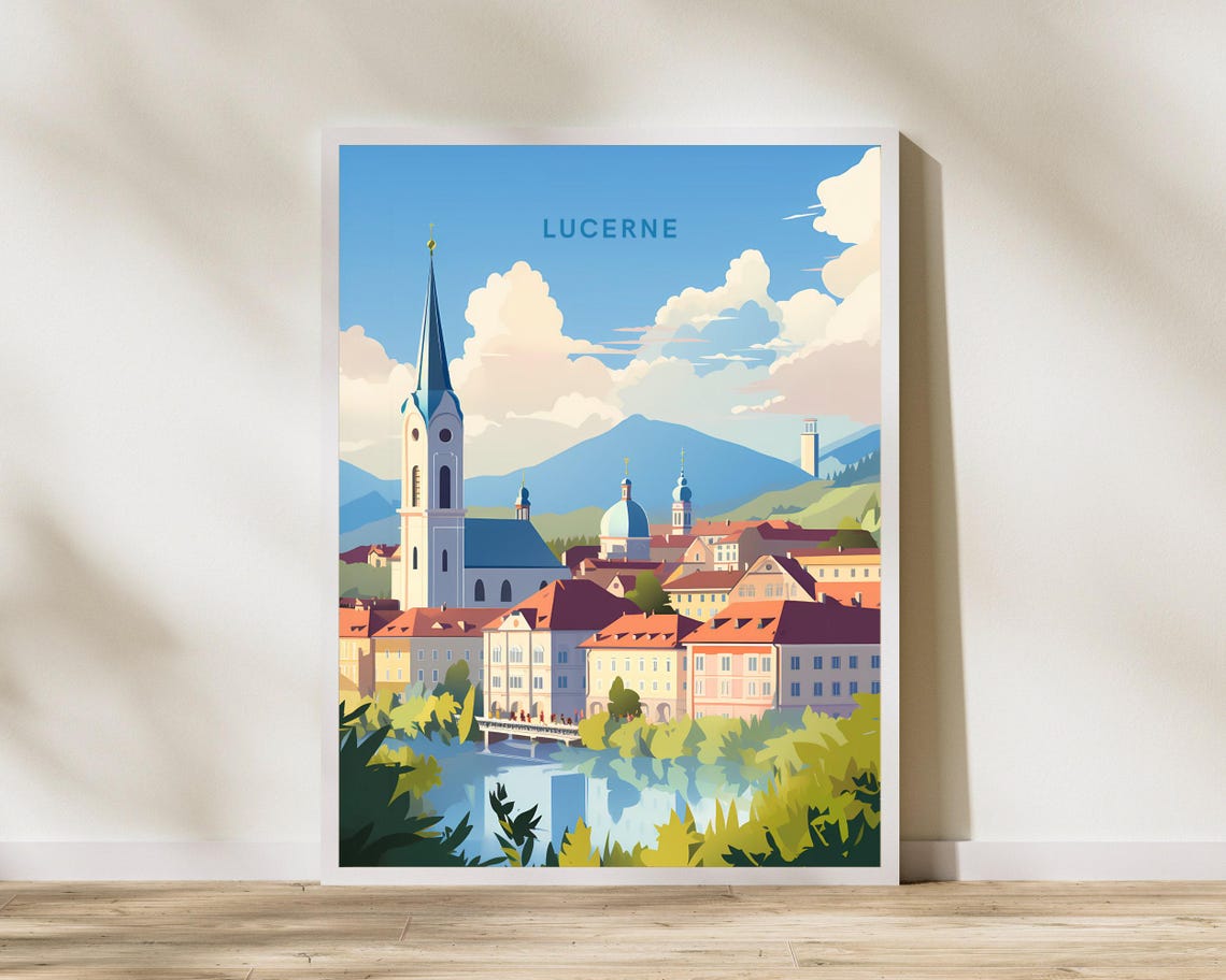 Lucerne Switzerland Scenic Old Town Church Lake View Travel Poster