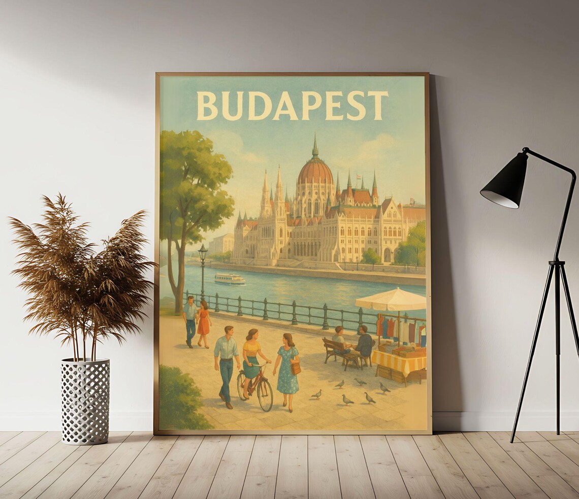 Budapest Hungary Parliament Building Vintage Summer Travel Poster