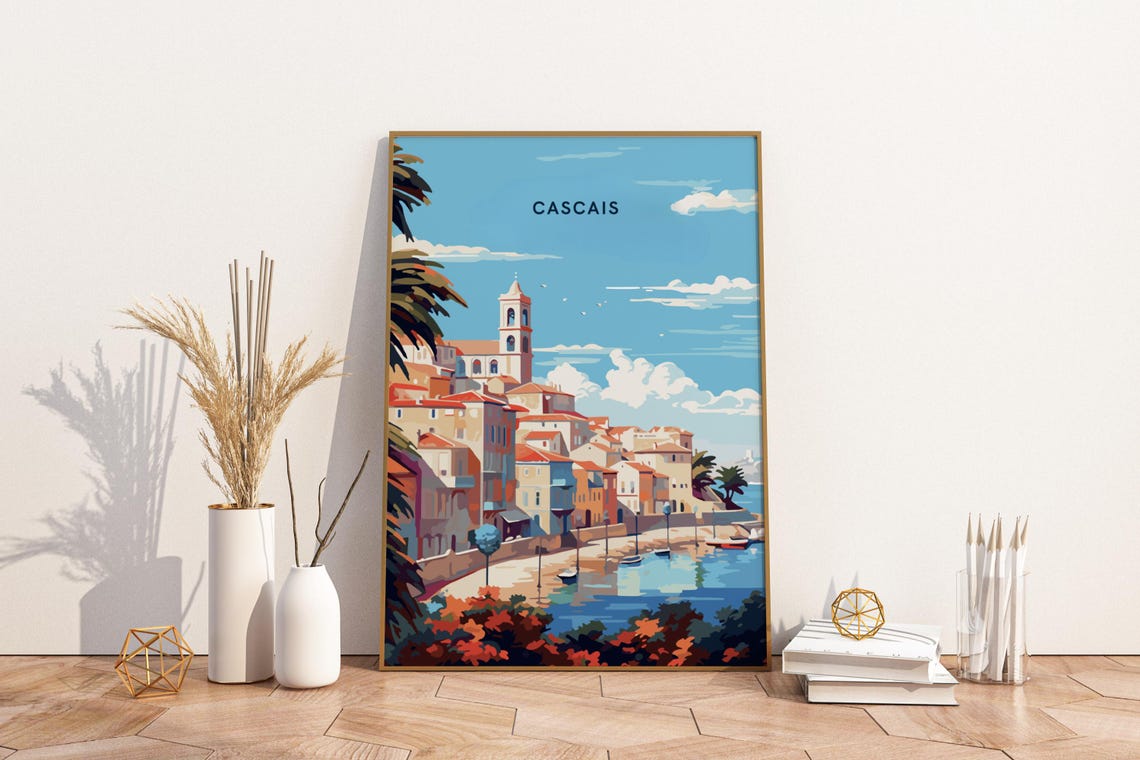 Cascais Portugal Coastal Town Harbor Vintage Seaside Travel Poster
