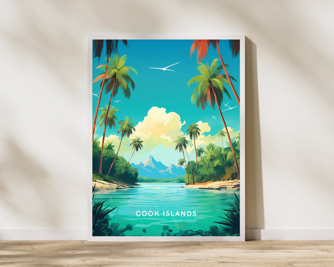 Cook Islands Tropical Palm Lagoon Vintage Travel Adventure Poster