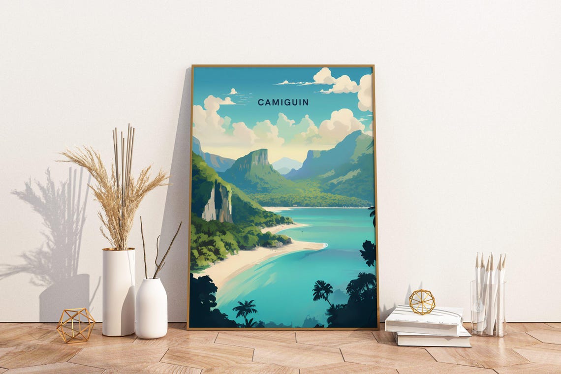 Camiguin Philippines Tropical Beach Mountain Travel Art Poster