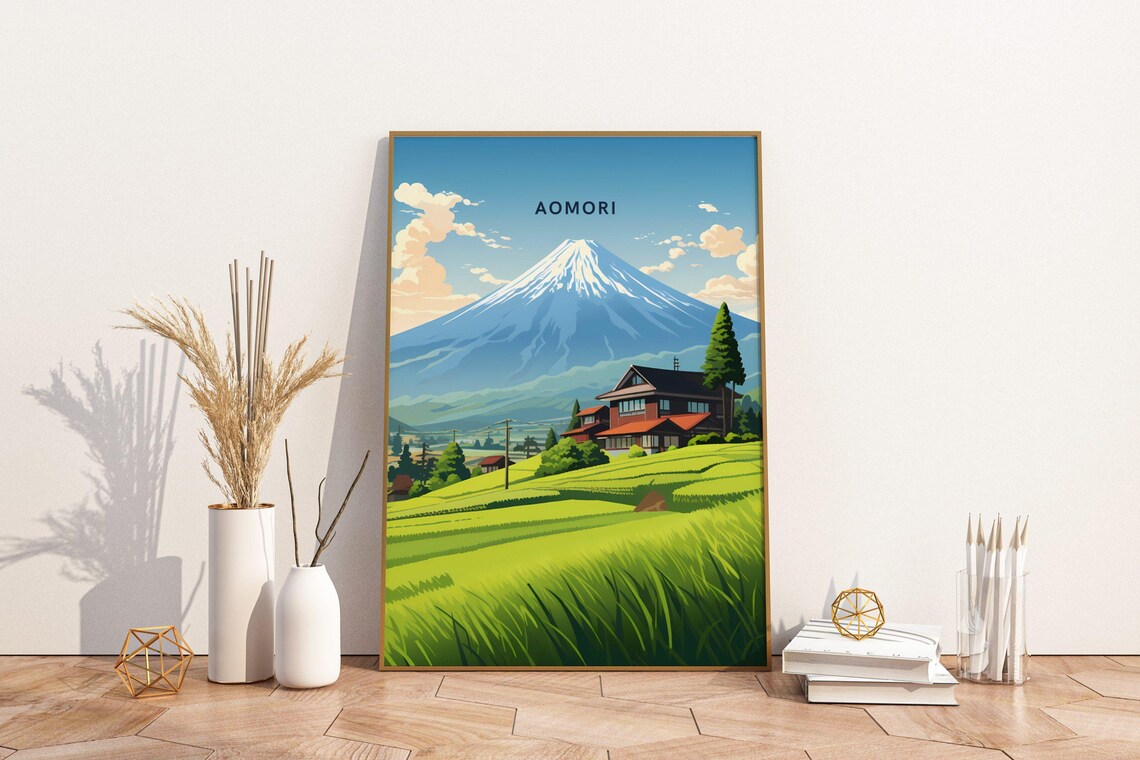 Aomori Japan Mount Fuji Rice Fields Farmhouse Scenic Travel Art Poster