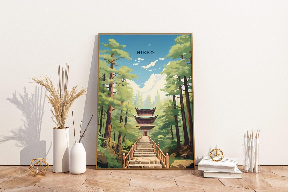 Nikko Japan Forest Pagoda Stone Steps Mountain Shrine Travel Poster