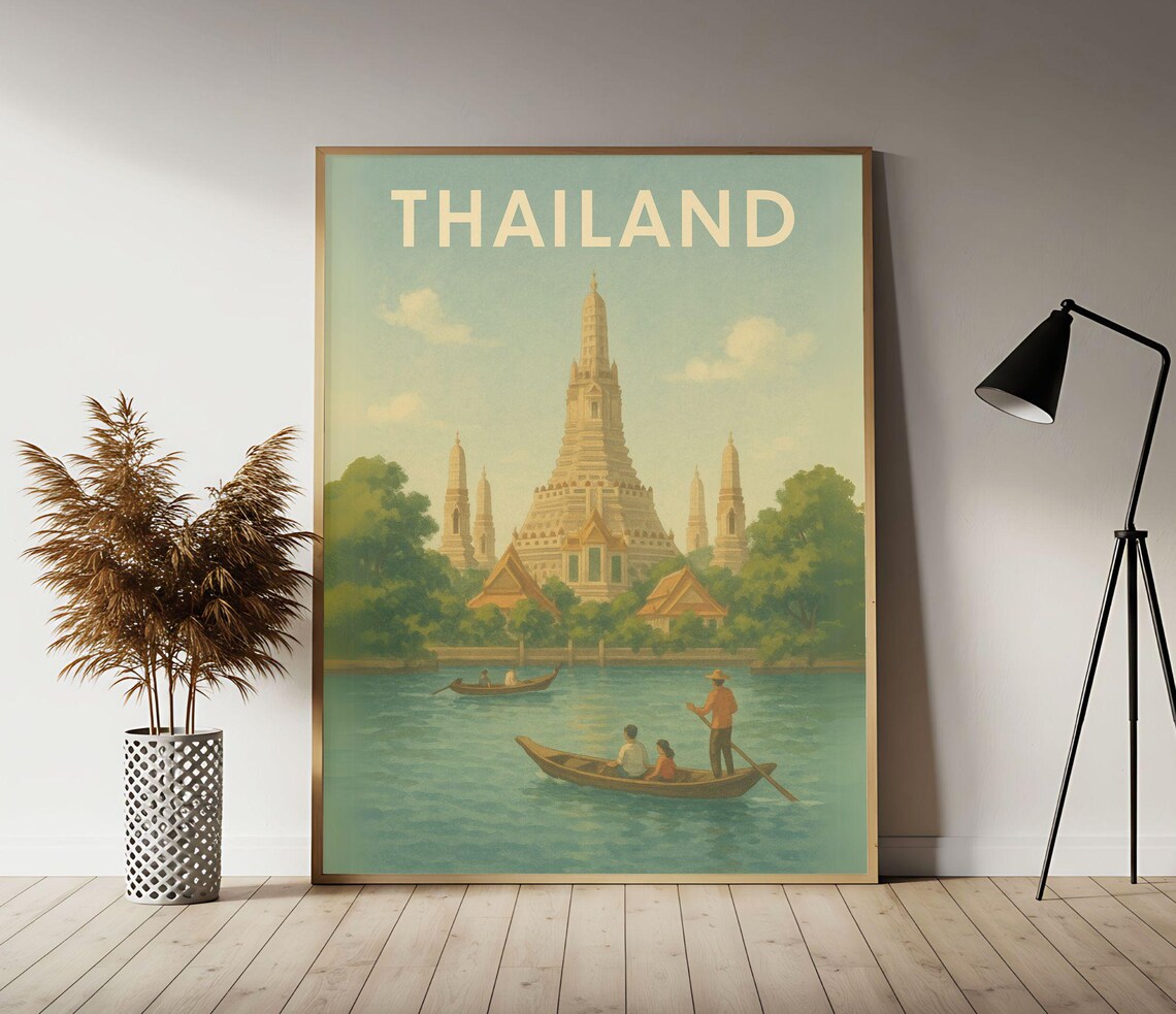 Thailand Wat Arun Riverside Temple Boats Vintage Travel Poster