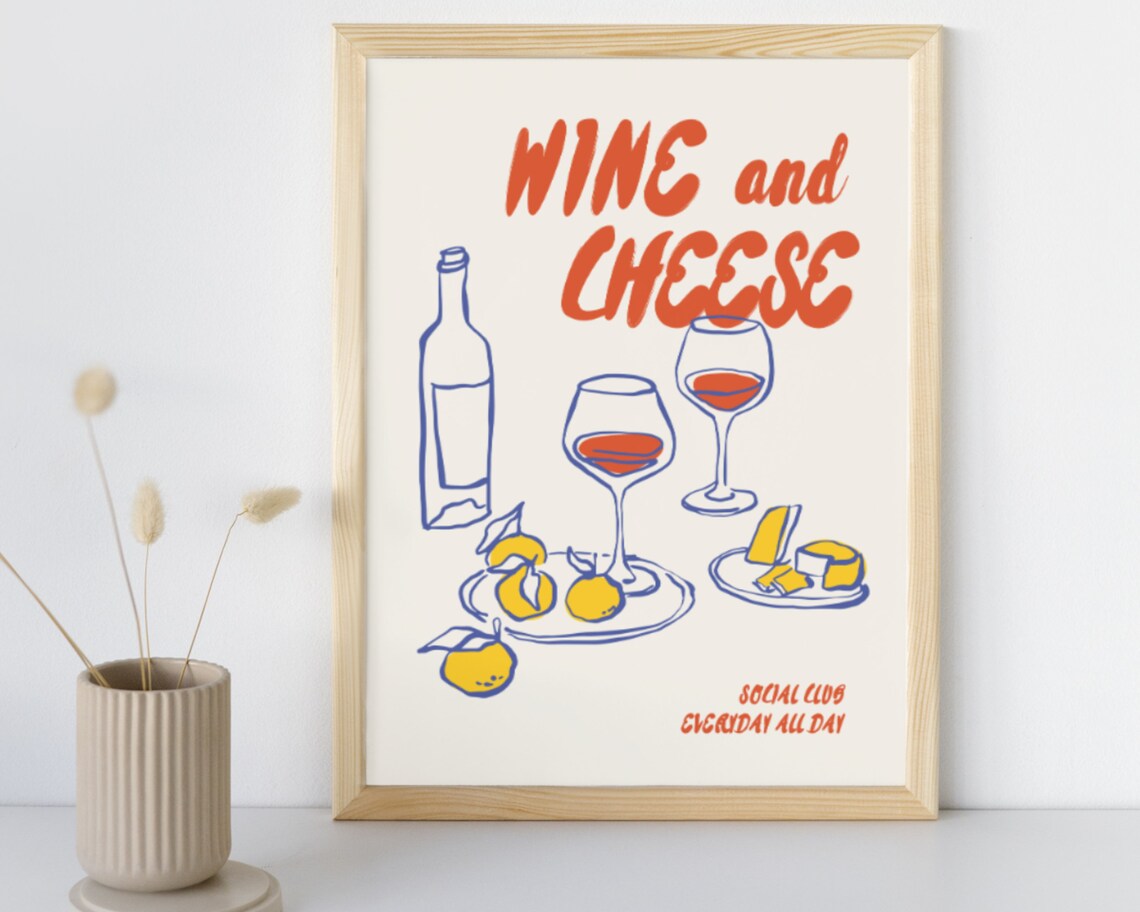 Wine and Cheese Social Club Everyday Illustrated Retro Food Art Poster