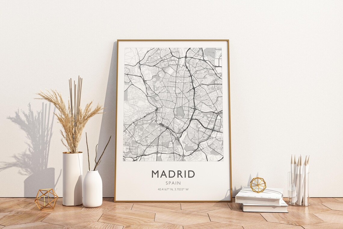 Madrid Spain Minimalist City Street Map Vintage Travel Art Poster