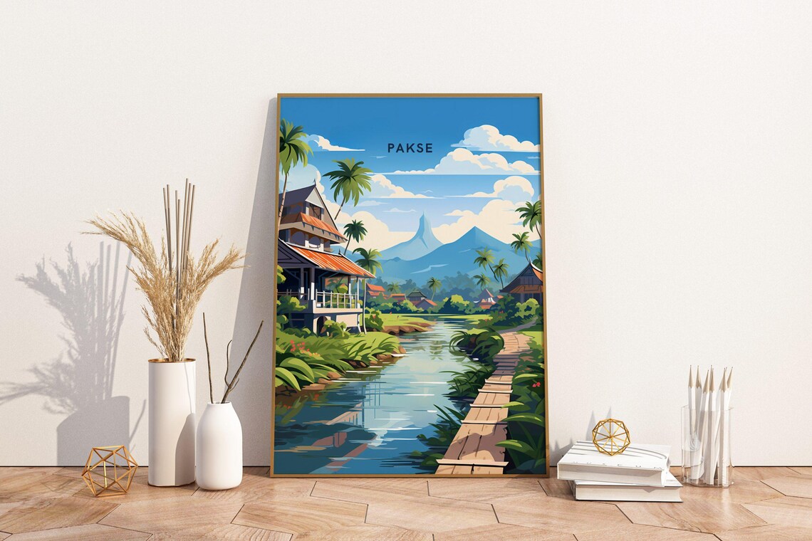 Pakse Laos Travel Scene With Riverside Village Mountain View Poster