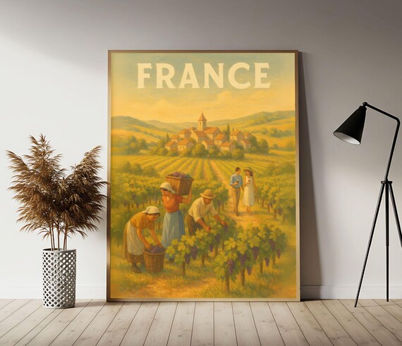 France Wine Country Vineyard Harvest Village Vintage Travel Poster