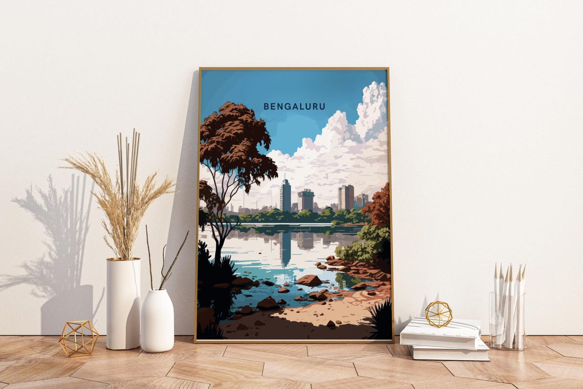 Bengaluru Lake Skyline Vintage Travel Art Print in India Style