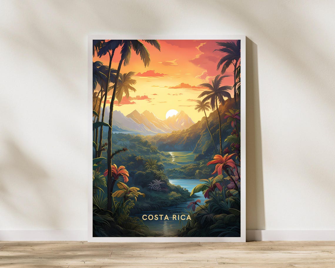 Costa Rica Rainforest Sunset Lake Jungle Scene Travel Poster