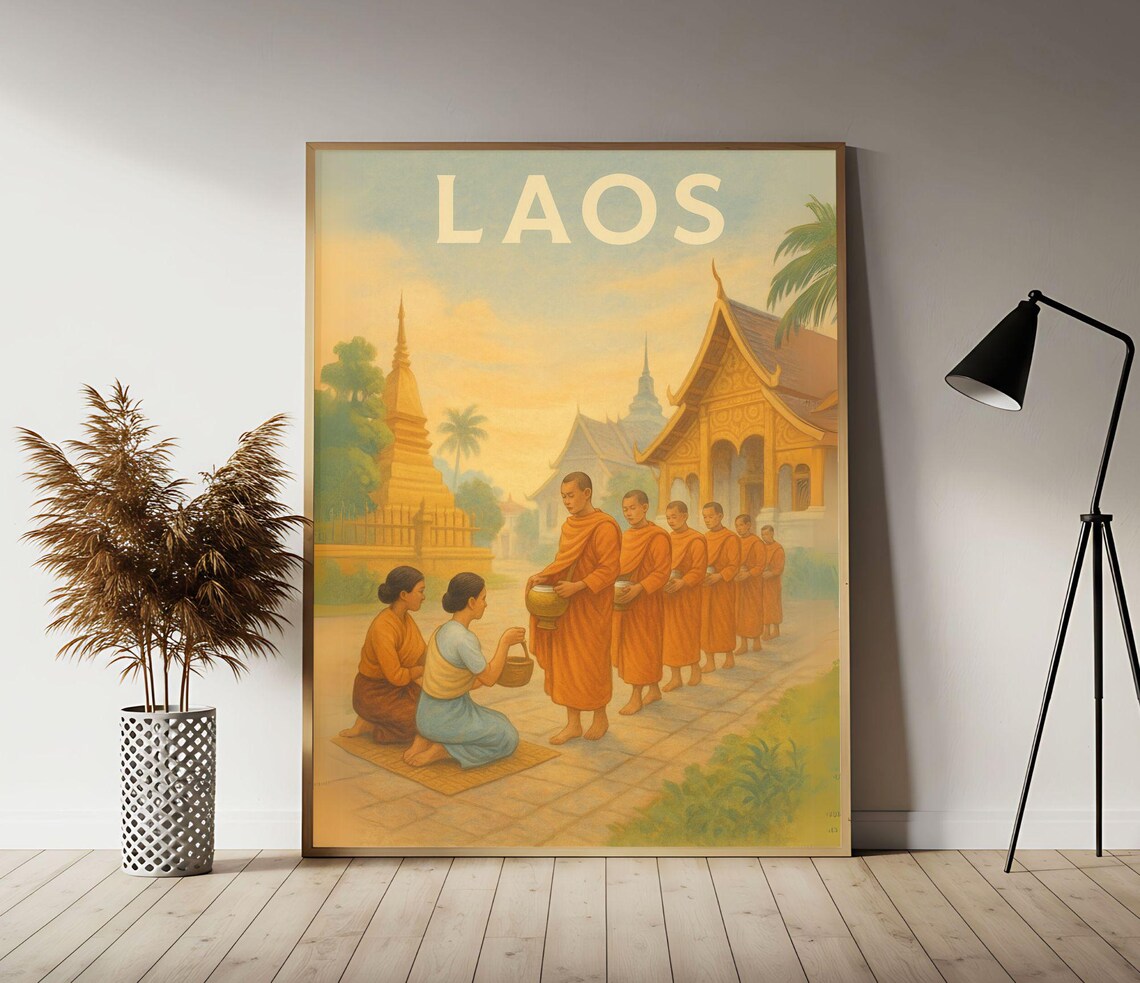 Laos Morning Alms Ceremony Luang Prabang Monks Vintage Travel Poster