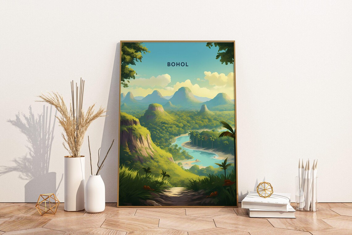 Bohol Philippines Chocolate Hills River Landscape Vintage Travel Art Poster