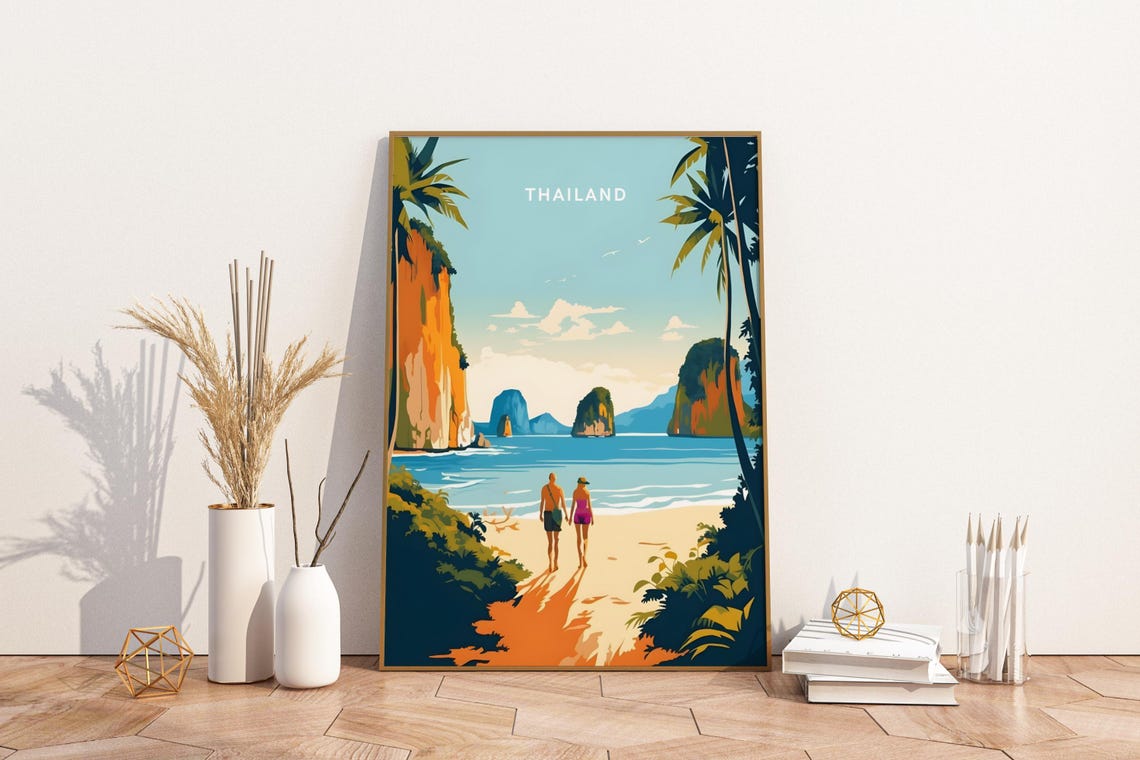 Thailand Limestone Karsts Tropical Beach Walk Scene Travel Poster