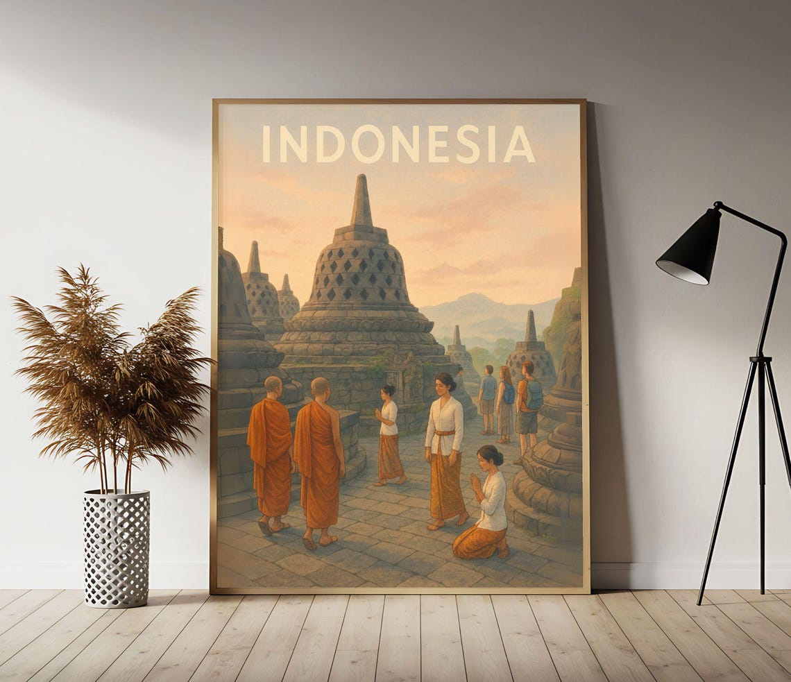 Indonesia Borobudur Temple at Dawn Vintage Style Travel Poster
