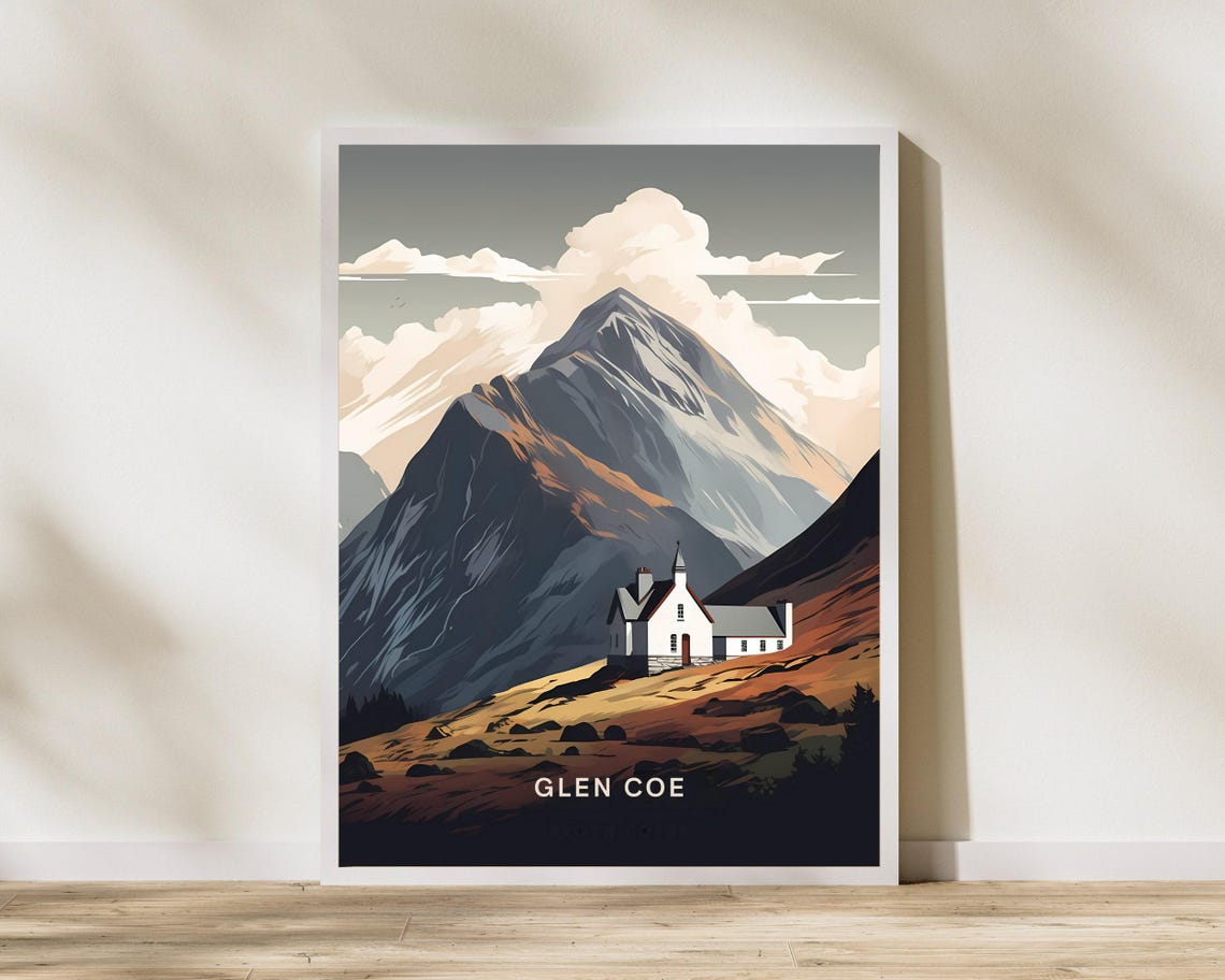 Glen Coe Scotland Mountain Valley and White Cottage Travel Poster