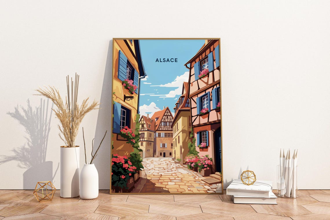 Alsace France Half Timbered Village Street Illustration Poster