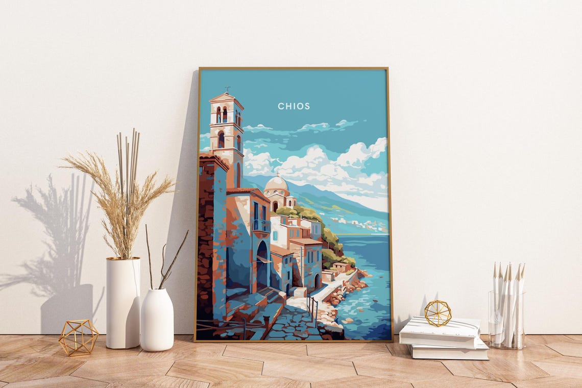 Chios Greece Vintage Travel Poster With Seaside Church Bell Tower