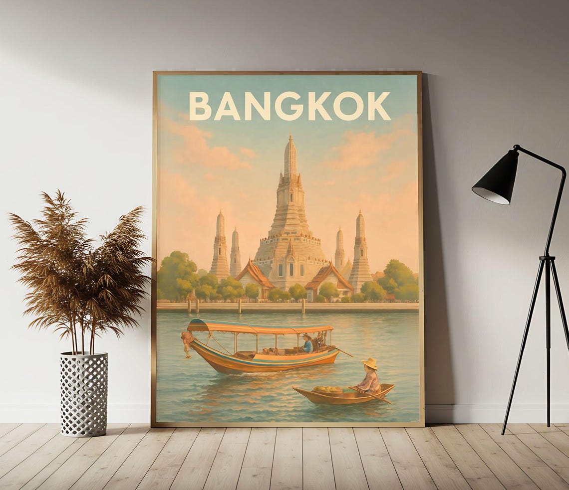 Bangkok Wat Arun River Boat Classic Vintage Thailand Travel Poster