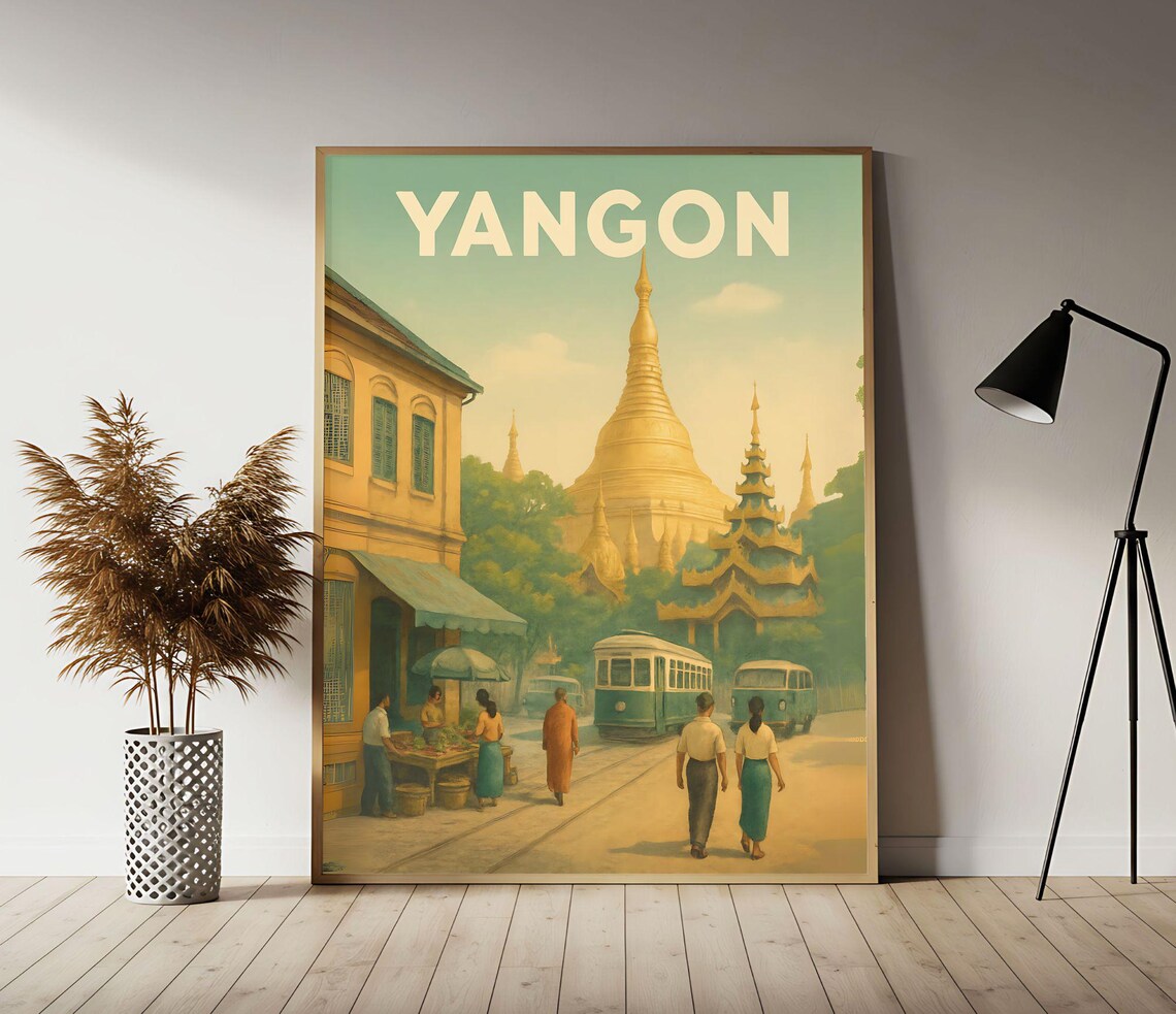Yangon Shwedagon Pagoda Street Vintage Myanmar Travel Poster