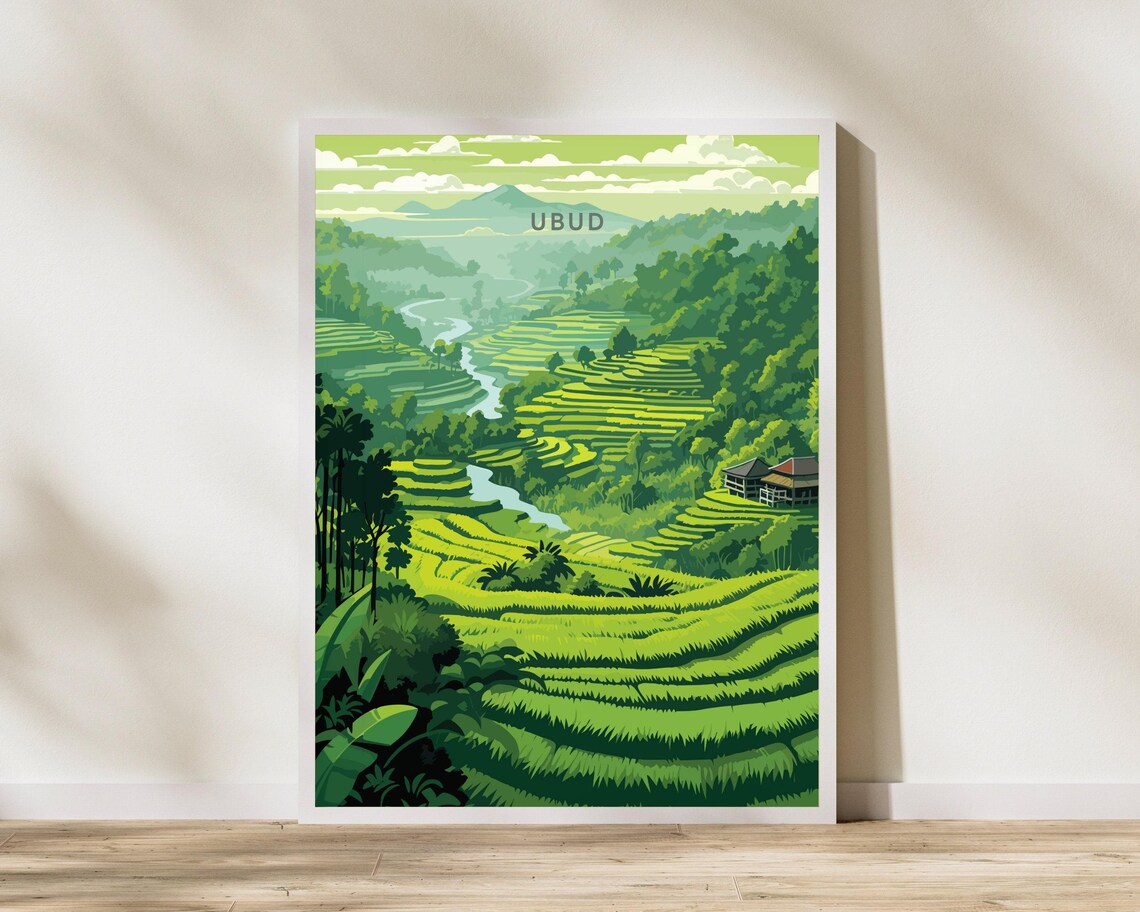Ubud Bali Green Rice Terraces Jungle Landscape Travel Poster