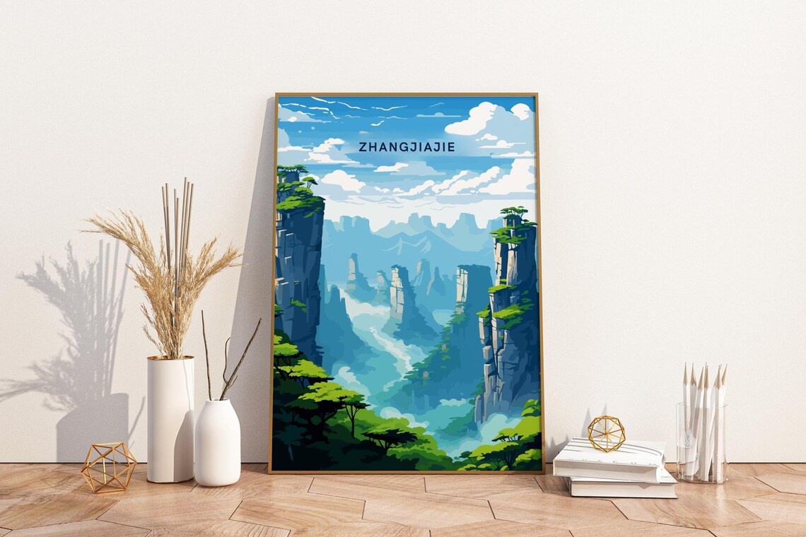 Zhangjiajie China Sandstone Pillars Misty Mountains Travel Poster