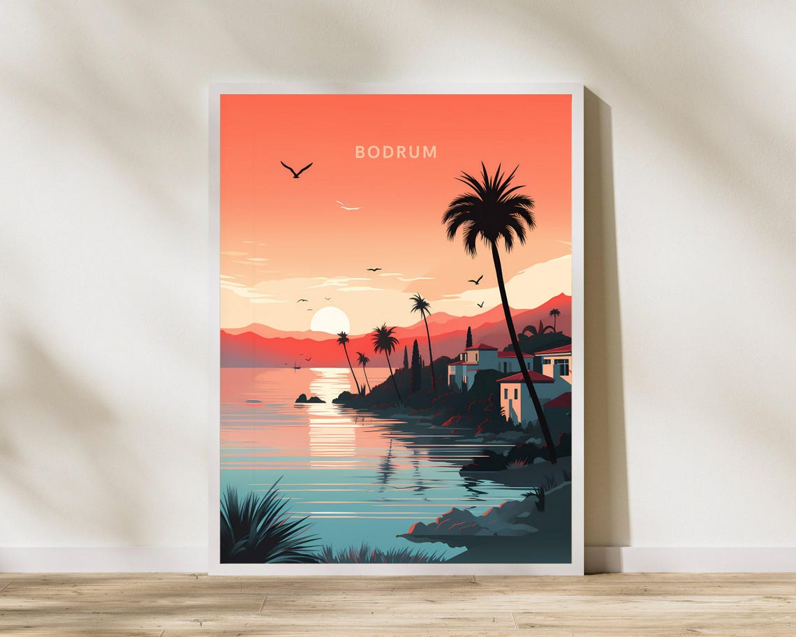 Bodrum Turkey Sunset Palm Coast Aegean Vintage Travel Poster