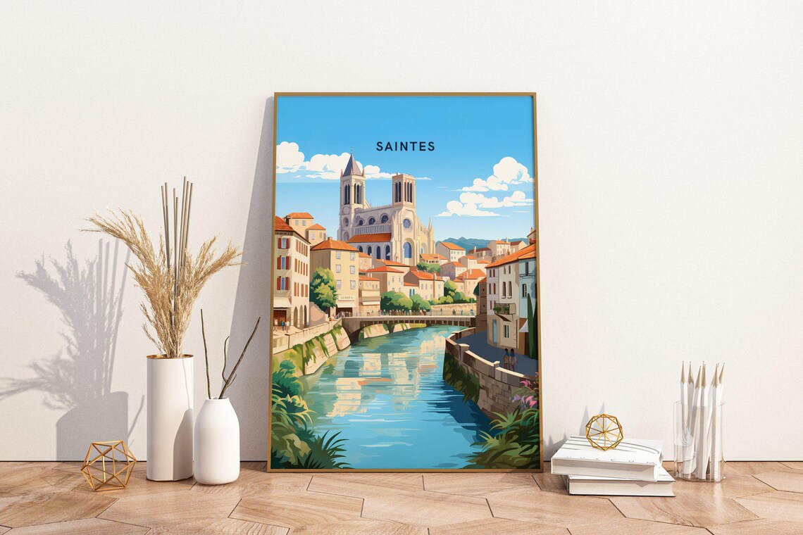 Saintes France Riverside Cathedral Old Town Travel Art Poster