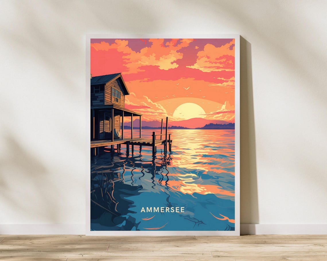 Ammersee Germany Sunset Lake Poster Boathouse Orange Sky Travel Art