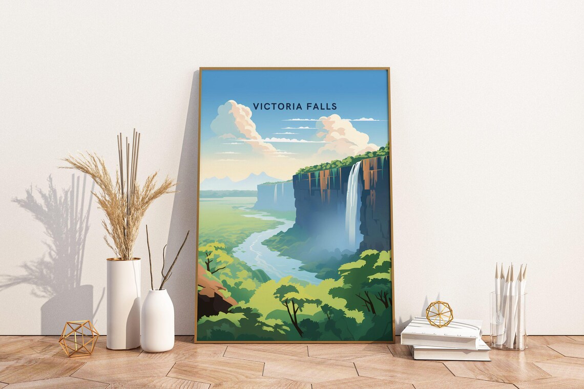 Victoria Falls Zimbabwe Waterfall Travel Poster With Lush Green Gorge