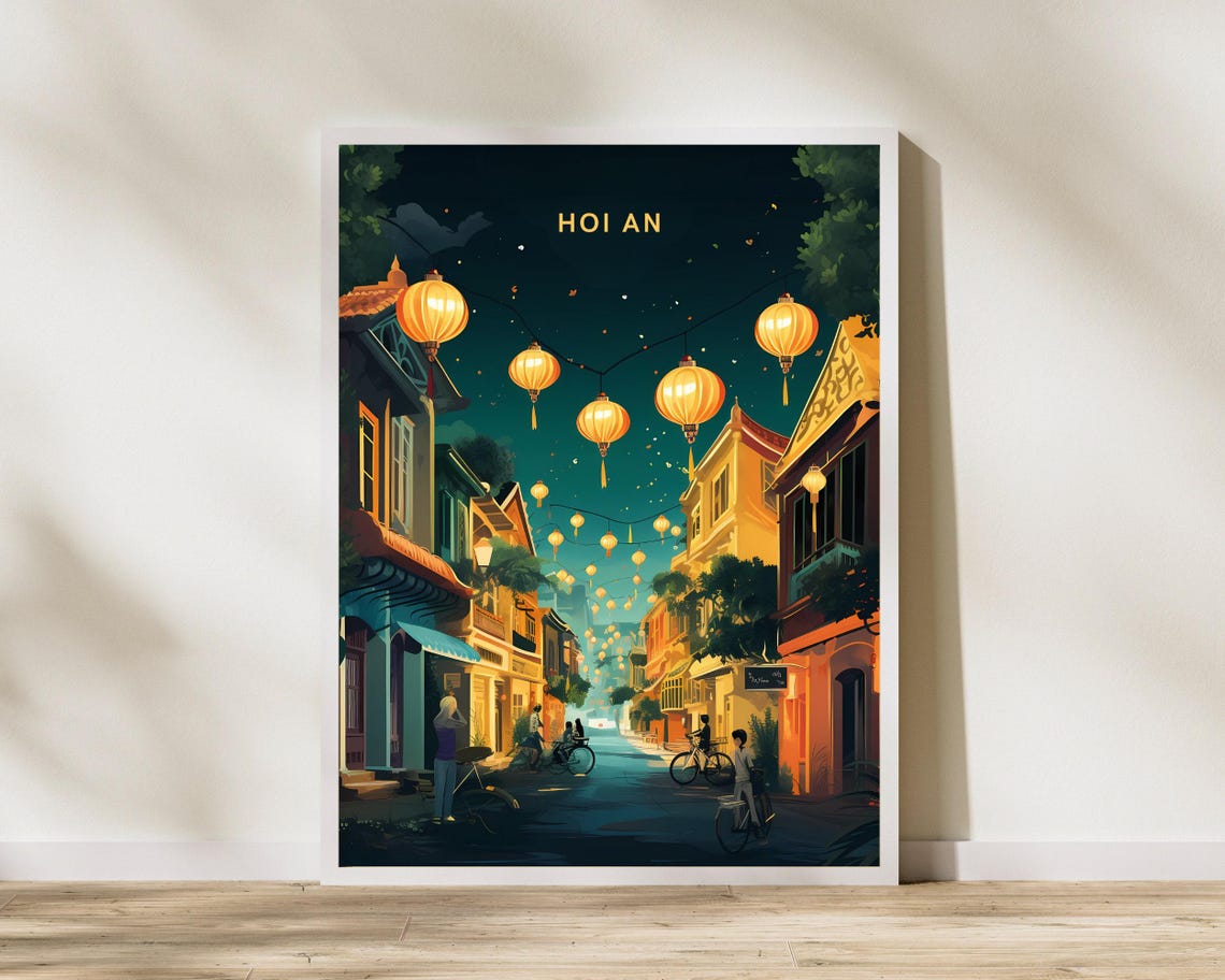 Hoi An Vietnam Glowing Lantern Street Night Scene Travel Poster