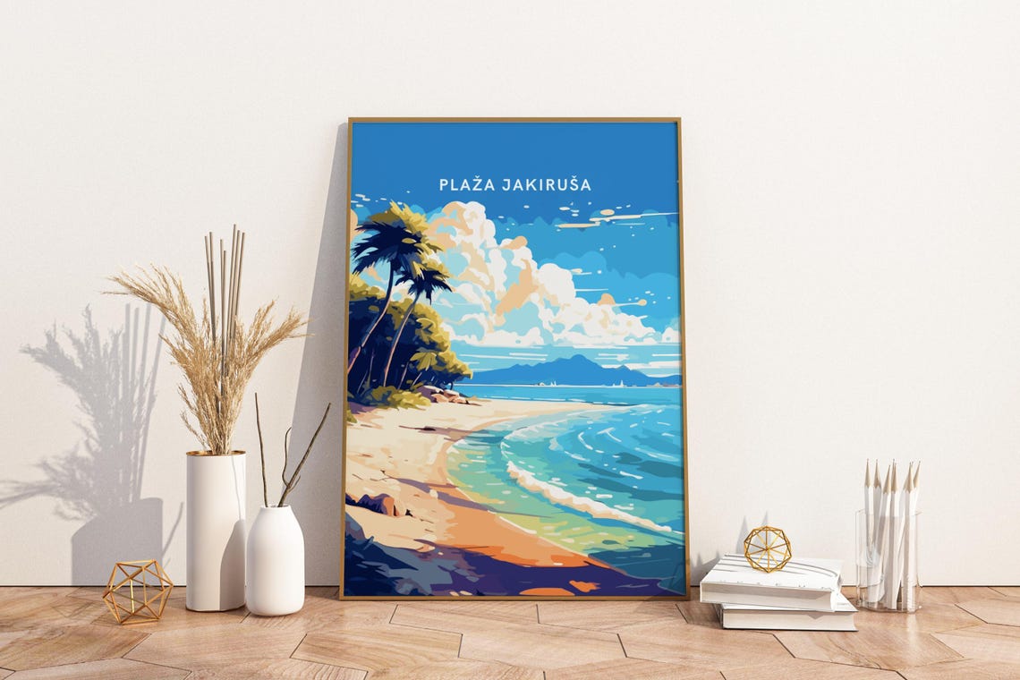 Jakirusa Beach Croatia Sandy Shore Palms Vintage Travel Poster