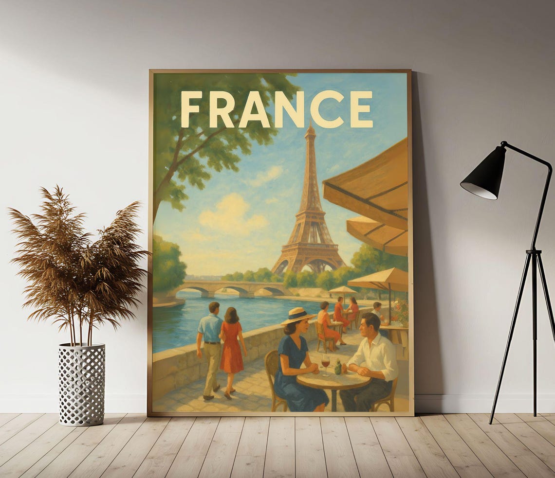 France Eiffel Tower Seine Riverside Cafe Parisian Vintage Poster