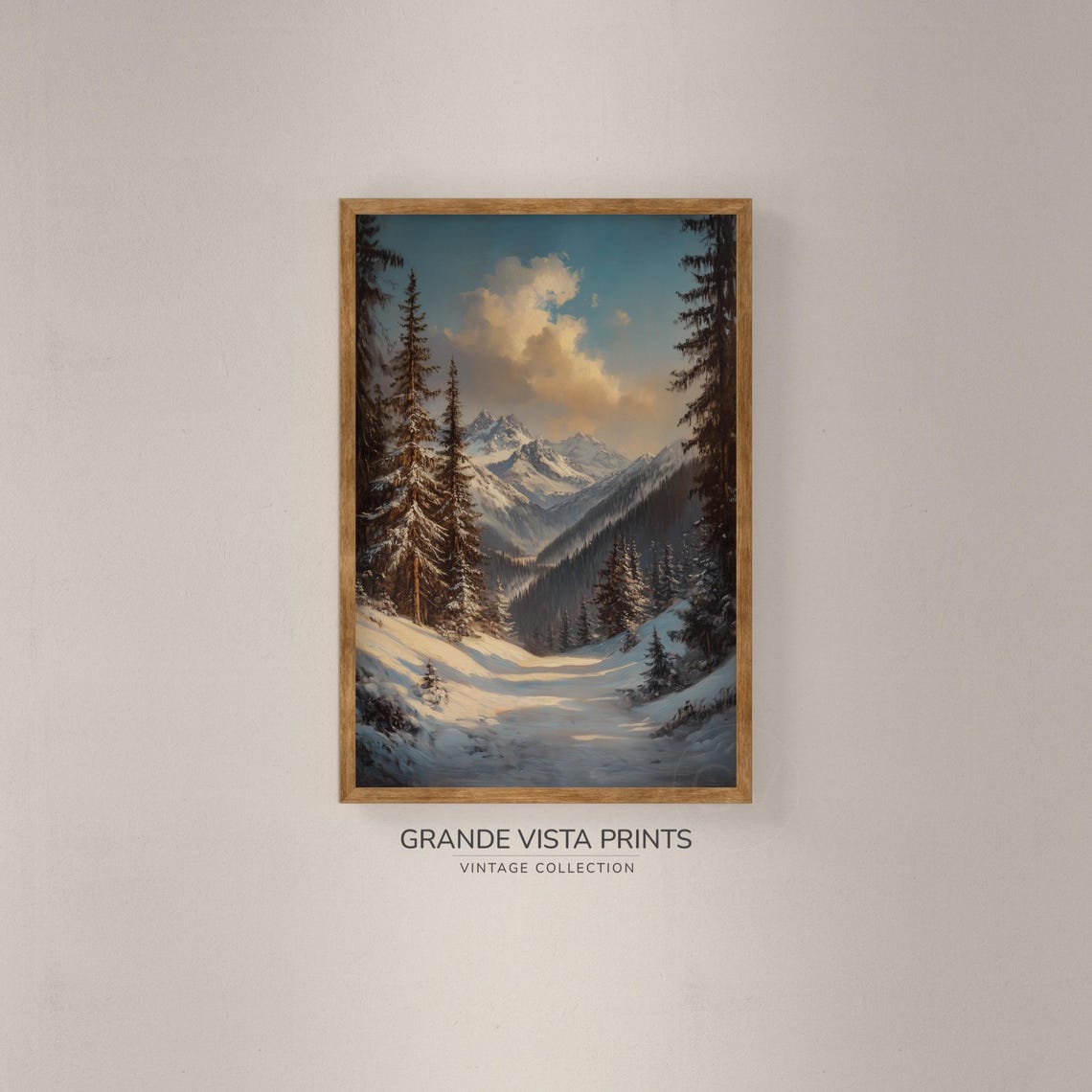 Snowy Mountain Valley Tall Pines Warm Clouds Winter Travel Poster - Image 2