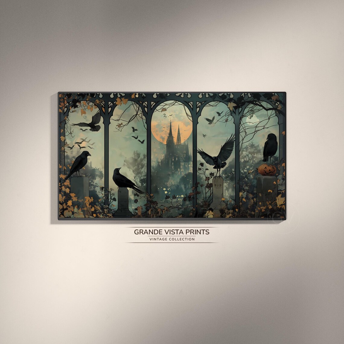 Spooky Halloween Crows Tombstones Gothic Window Haunted Moon Night Poster