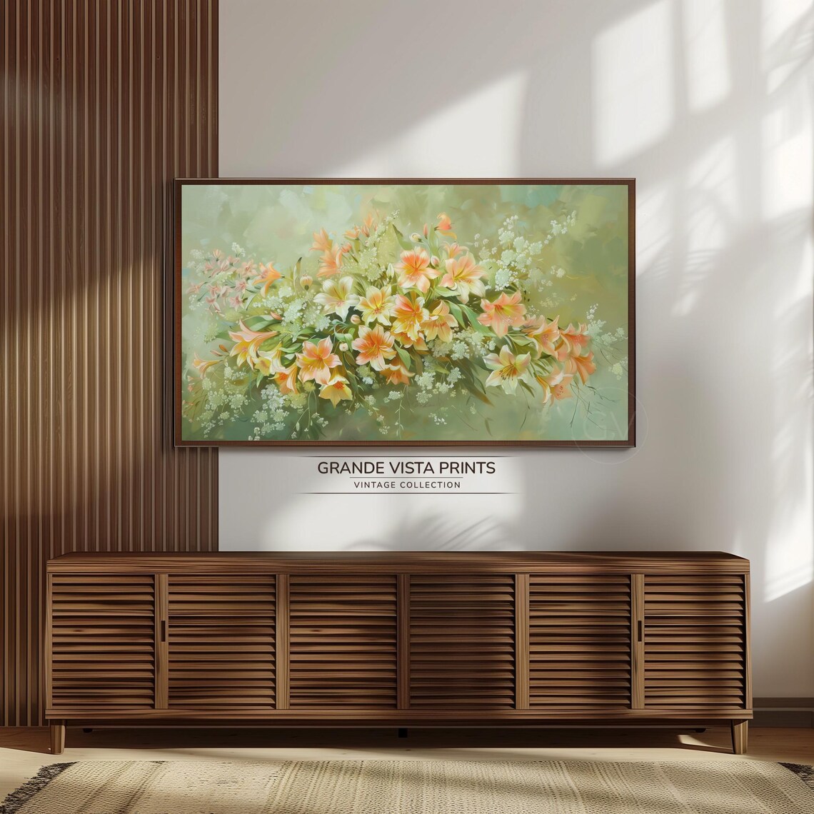 Peach Lily Blossom Still Life Wildflower Green Vintage Painting Poster - Image 3