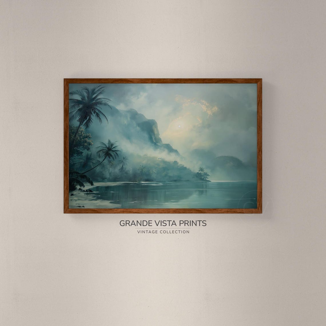 Misty Tropical Lagoon Palm Trees Cliffs Golden Light Coastal Poster - Image 2