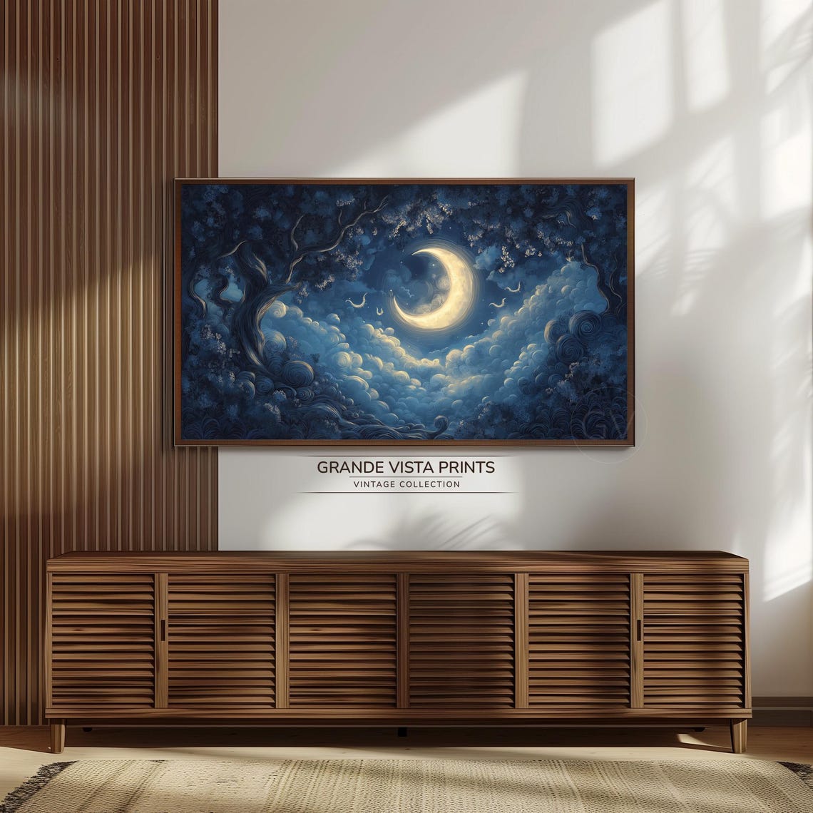 Crescent Moon Night Clouds Dreamy Tree Frame Wall Art Poster - Image 3
