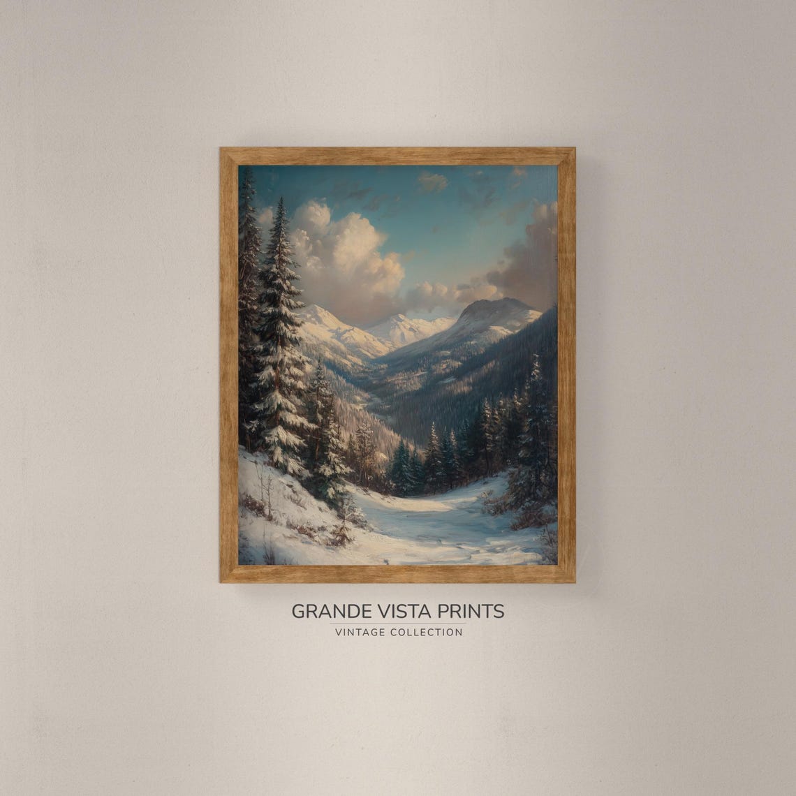 Snowy Mountain Valley Pines Stream Vintage Winter Landscape Poster - Image 4