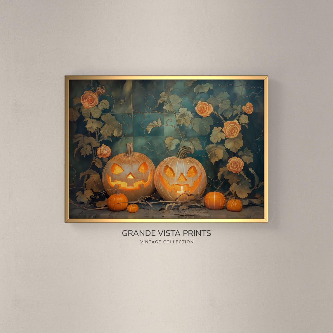 Glowing Jack O Lantern Duo Vintage Teal Floral Halloween Night Poster