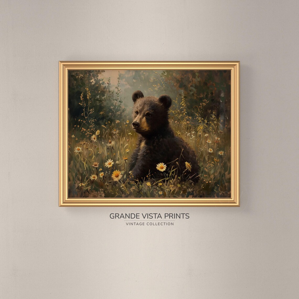 Black Bear Cub Daisy Field Golden Light Vintage Wildlife Poster - Image 3