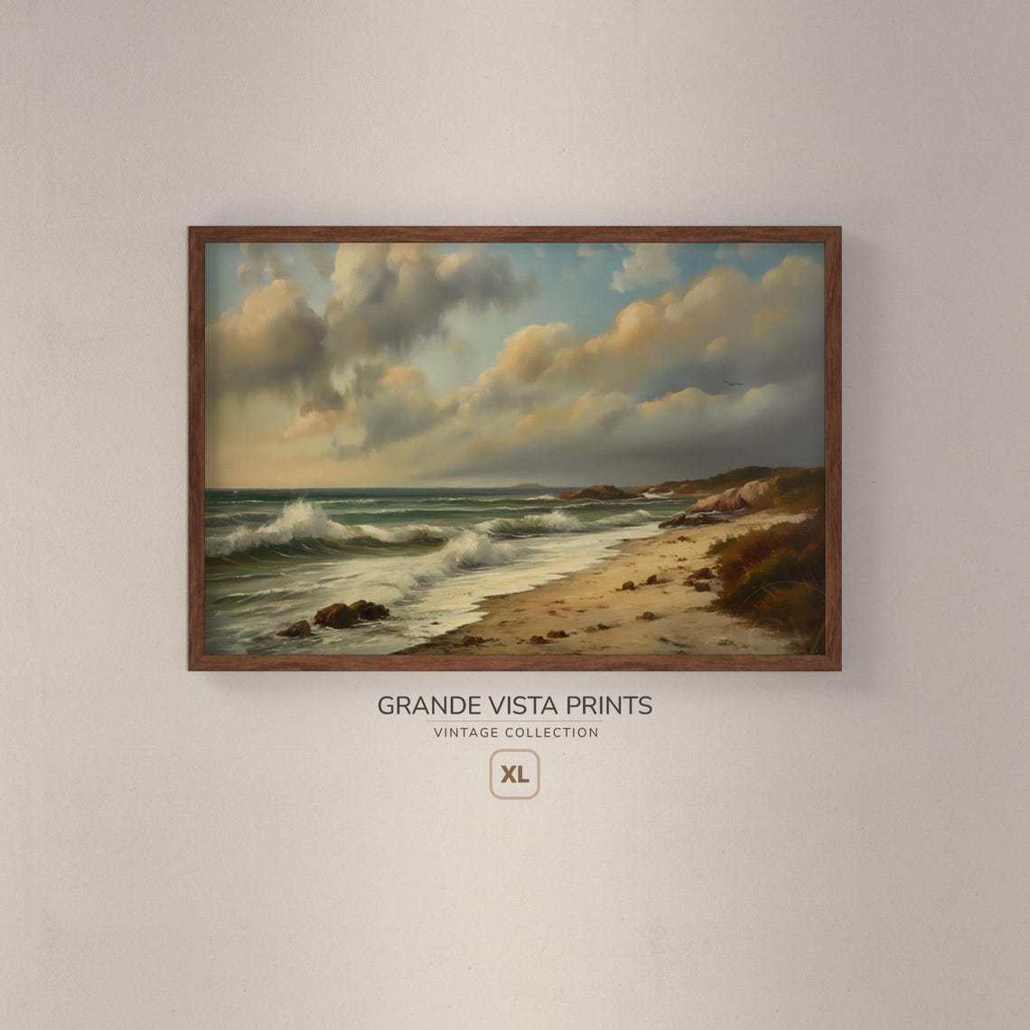 Sandy Beach Sunrise Rolling Waves Golden Clouds Vintage Coastal Poster - Image 2