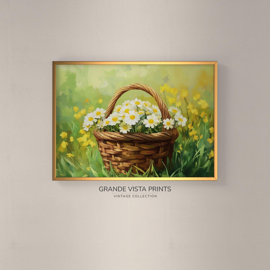 Wicker Basket of Daisies Sunny Meadow Green Yellow Spring Wall Art