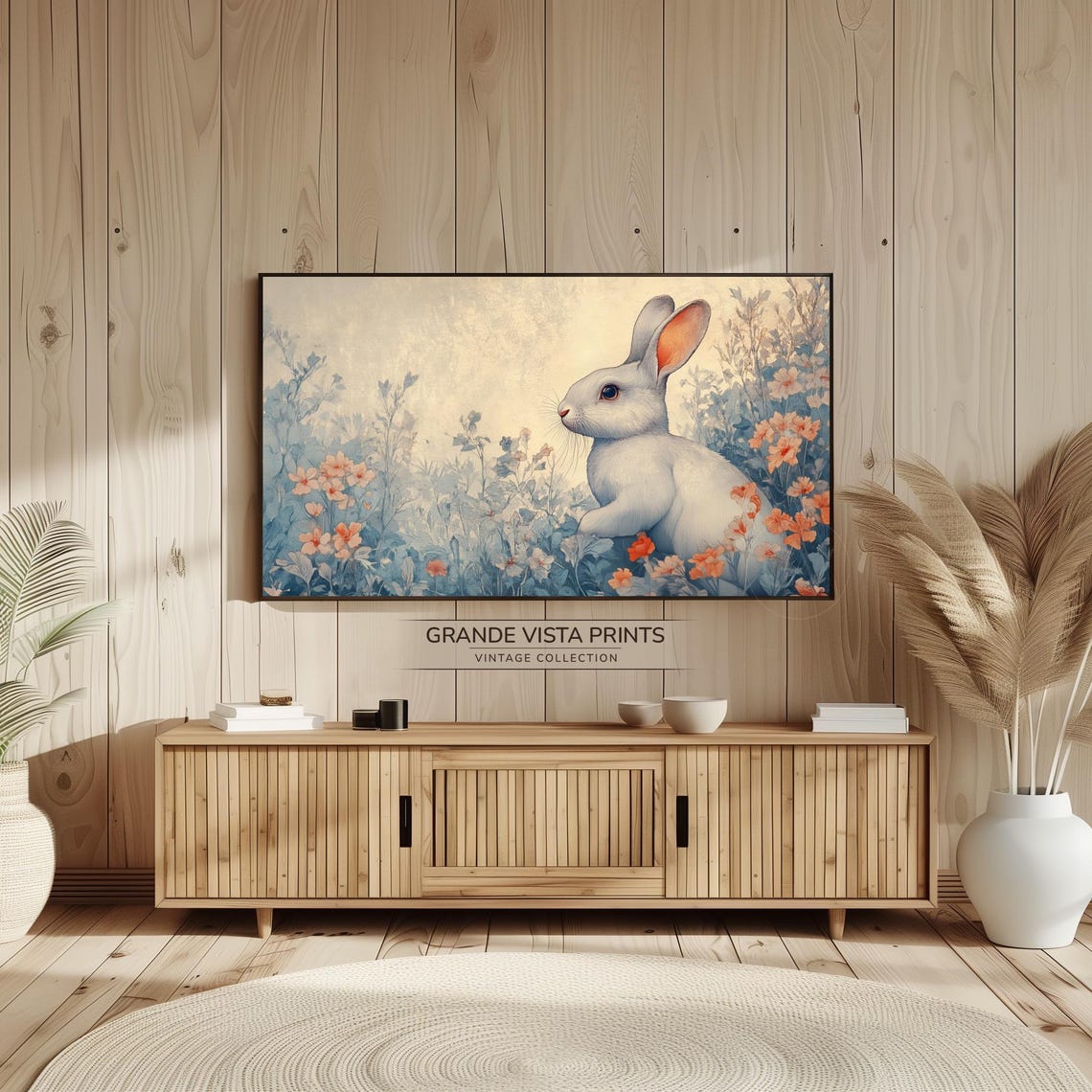White Rabbit Pastel Wildflowers Dreamy Spring Illustration Poster - Image 2
