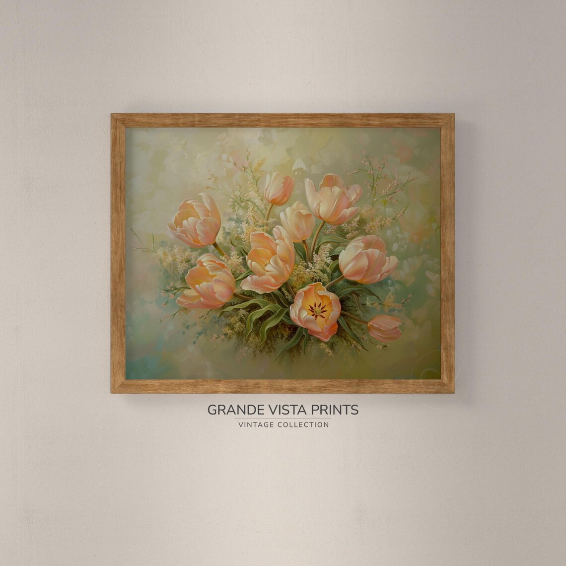 Peach Pink Tulip Bouquet Soft Floral Still Life Vintage Wall Art - Image 4
