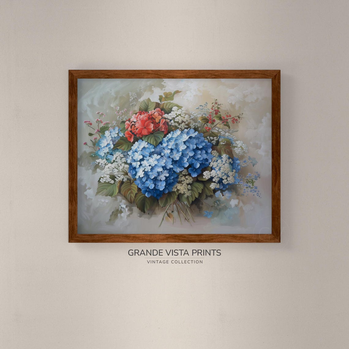 Blue Hydrangeas Red Pink Blooms White Bouquet Vintage Floral Poster - Image 4