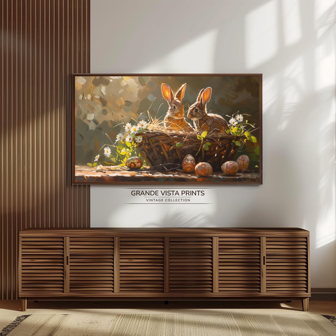 Two Rabbits in Wicker Basket with Painted Easter Eggs Warm Vintage Art - Image 3