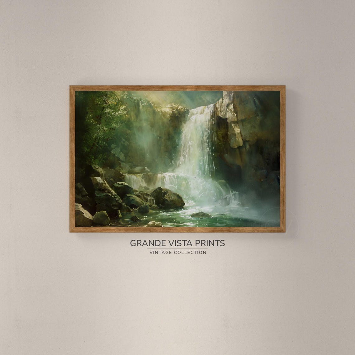 Misty Forest Waterfall Emerald Mist Mossy Rocks Painting Poster - Image 2