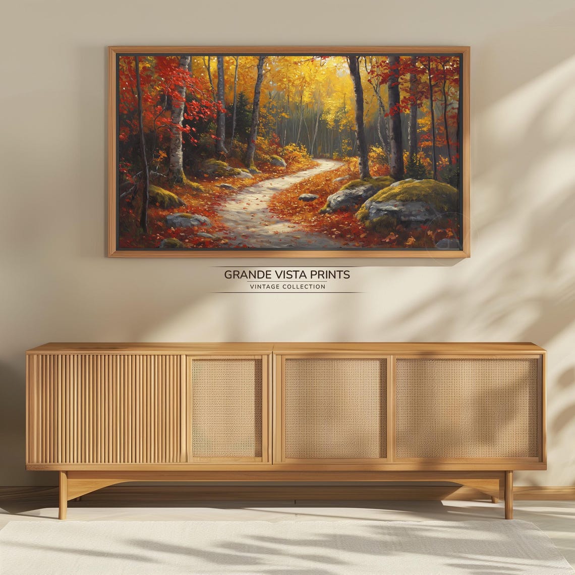 Autumn Forest Path Birch Trees Red Gold Foliage Rocky Trail Art Poster - Image 4